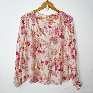 Joie Floral Print Bohemian Blouse Peasant Size Large Gauzy Lightweight Tassels